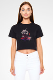 Black Clover Baskılı Siyah Crop Top Kadın Tişört - Tshirt