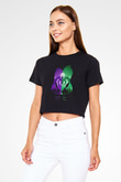 Black Clover Baskılı Siyah Crop Top Kadın Tişört - Tshirt