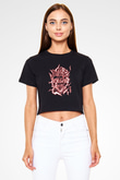 Black Clover Baskılı Siyah Crop Top Kadın Tişört - Tshirt