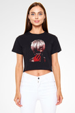 Bleach Baskılı Siyah Crop Top Kadın Tişört - Tshirt