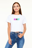 Bocce Baskılı Crop Top Beyaz Tişört - T-shirt
