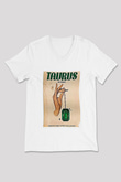 Boğa Burcu Baskılı Beyaz Unisex V Yaka Tişört - Tshirt