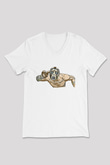 Borderlands Baskılı Beyaz Unisex V Yaka Tişört - Tshirt