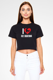 Buz Pateni - Ice skating Baskılı Crop Top Siyah Kadın Tişört - Tshirt