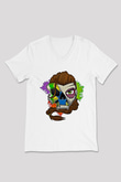 Caveira Baskılı Beyaz Unisex V Yaka Tişört - Tshirt