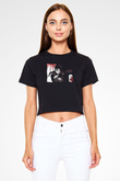 Caveira Baskılı Siyah Crop Top Kadın Tişört - Tshirt