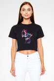 Caveira Baskılı Siyah Crop Top Kadın Tişört - Tshirt