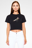 Çekirge Baskılı Siyah Crop Top Kadın Tişört - Tshirt