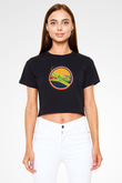 Çekirge Baskılı Siyah Crop Top Kadın Tişört - Tshirt