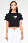 Cezayir - Algeria Bayrağı Baskılı Kadın Crop Top Siyah Tişört
