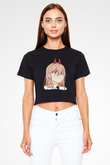 Chainsaw Man Baskılı Siyah Crop Top Kadın Tişört - Tshirt