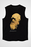 Charles Darwin Baskılı Unisex Kolsuz Siyah Tişört - Tshirt