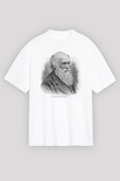 Charles Darwin Portre Baskılı Unisex Beyaz Oversize Tişört