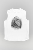 Charles Darwin Portre Baskılı Unisex Beyaz Kolsuz Tişört