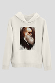 Charles Darwin Portre Baskılı Unisex Ekru Hoodie
