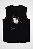 Charles Darwin Portre Baskılı Unisex Kolsuz Siyah Tişört - Tshirt