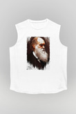 Charles Darwin Portre Baskılı Unisex Kolsuz Beyaz Tişört - Tshirt