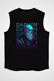 Charles Darwin Portre Baskılı Unisex Kolsuz Siyah Tişört - Tshirt