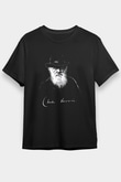 Charles Darwin Portre Baskılı Unisex Siyah Tişört - Tshirt