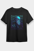 Charles Darwin Portre Baskılı Unisex Siyah Tişört - Tshirt