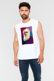 Charles Darwin Renkli Portre Baskılı Unisex Kolsuz Beyaz Tişört - Tshirt