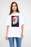 Charles Darwin Renkli Portre Baskılı Unisex Oversize Beyaz Tişört - Tshirt