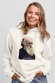 Charles Darwin Yazılı Portre Baskılı Unisex Ekru Hoodie
