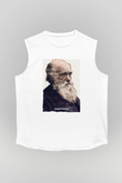 Charles Darwin Yazılı Portre Baskılı Unisex Kolsuz Beyaz Tişört - Tshirt