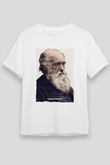 Charles Darwin Yazılı Portre Baskılı Unisex Beyaz Tişört - Tshirt