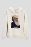 Charles Darwin Yazılı Portre Baskılı Unisex Ekru Hoodie