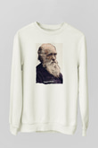 Charles Darwin Yazılı Portre Baskılı Unisex Ekru Sweatshirt