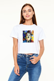 Charlie Chaplin Baskılı Beyaz Kadın Crop Top Tişört