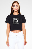 Charlie Chaplin Baskılı Siyah Kadın Crop Top Tişört