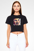 Charlie Chaplin Baskılı Siyah Kadın Crop Top Tişört