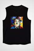 Charlie Chaplin Baskılı Unisex Siyah Kolsuz Tişört
