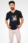 Charlie Chaplin Baskılı Unisex Siyah V Yaka Tişört
