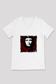 Che Guevara Baskılı V Yaka Unisex Beyaz Tişört