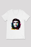 Che Guevara Beyaz Unisex V Yaka Tişört T-Shirt
