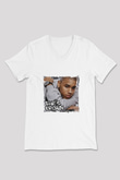 Chris Brown Baskılı Beyaz V Yaka Unisex Tişört