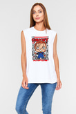 Chucky Baskılı Unisex Beyaz Kolsuz Tişört