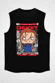 Chucky Baskılı Unisex Siyah Kolsuz Tişört