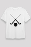 Çim Hokeyi Baskılı Unisex Beyaz Tişört - Tshirt