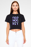 Çim Hokeyi - Field Hockey Baskılı Crop Top Siyah Kadın Tişört - Tshirt