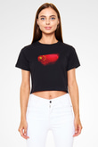 Çin - China Bayrağı Baskılı Kadın Crop Top Siyah Tişört