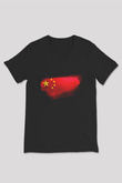 Çin - China Bayrağı Baskılı Unisex Siyah V Yaka Tişört