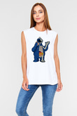 Cookie Monster Baskılı Unisex Beyaz Kolsuz Tişört