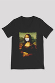 Covid Korona Mona Lisa Baskılı Unisex Siyah  V Yaka Tişört