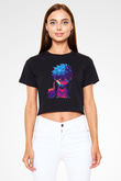 Dabi Baskılı Siyah Crop Top Kadın Tişört - Tshirt