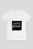 Daft Punk Baskılı Beyaz V Yaka Unisex Tişört