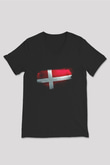 Danimarka - Denmark Bayrağı Baskılı Unisex Siyah V Yaka Tişört